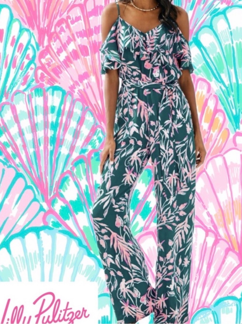 Lilly Pulitzer Emilia Teal & Pink Cold-Shoulder Jumpsuit XS